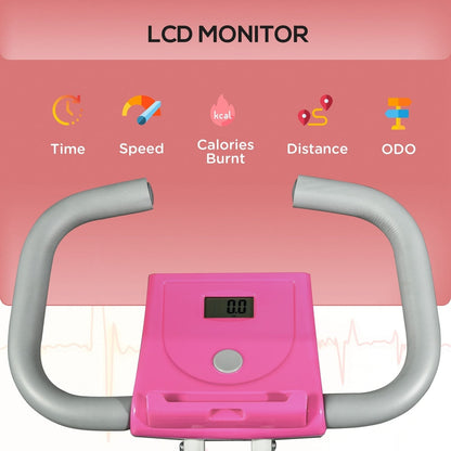 Close up of the LCD monitor on the pink exercise bike console