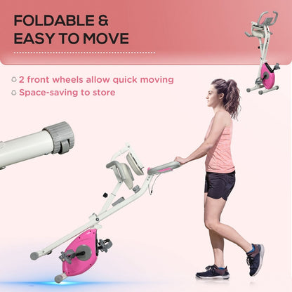 The white and pink exercise bike folded and being moved
