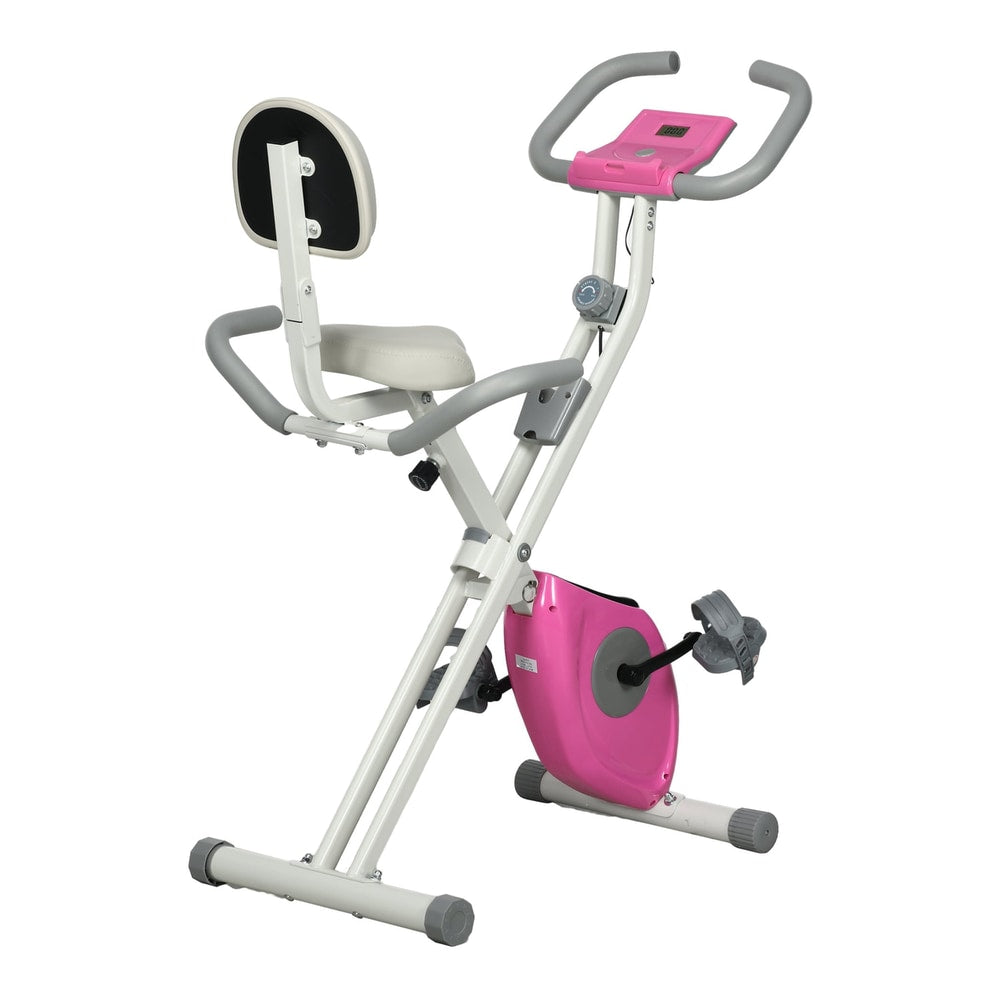 HOMCOM Folding Exercise Bike in white and pink with a padded seat and backrest