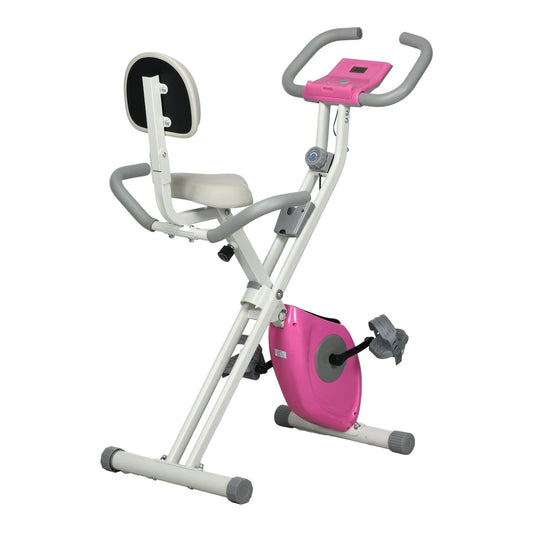HOMCOM Folding Exercise Bike in white and pink with a padded seat and backrest