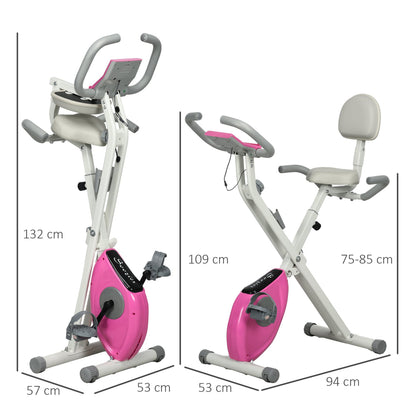 The folding exercise bike shown with dimensions in white and pink