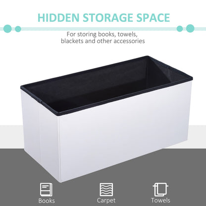 Open cream white storage ottoman bench showing hidden storage space for books, blankets and towels