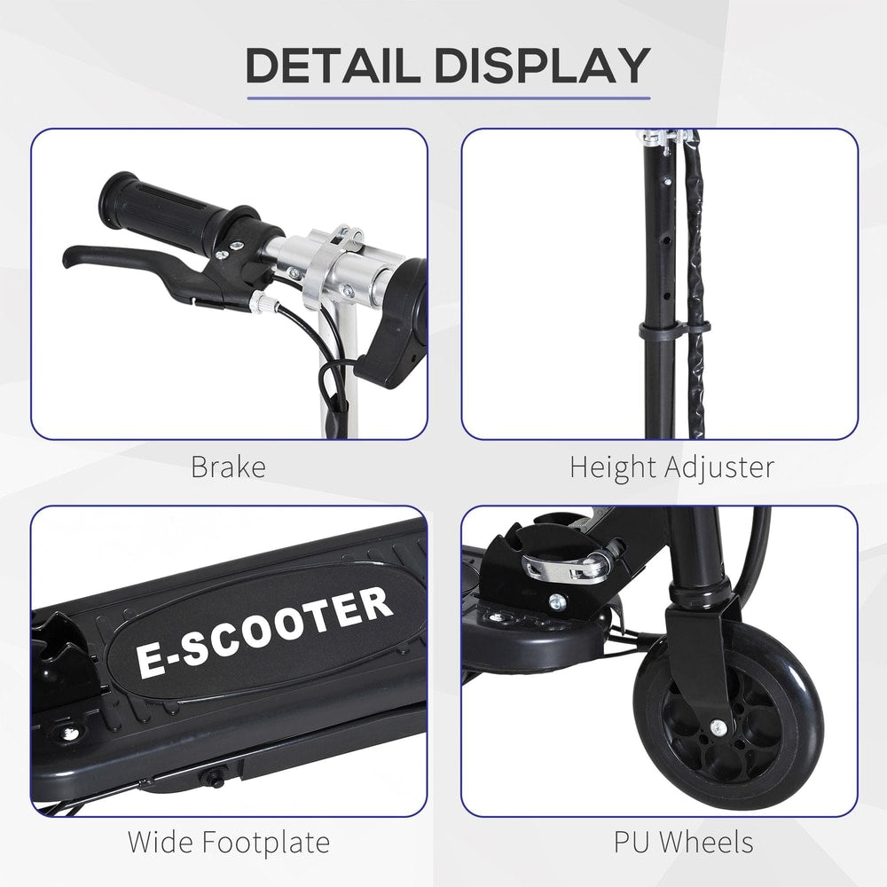 Close up details of the kids electric scooter including brake, height adjuster, footplate and wheels