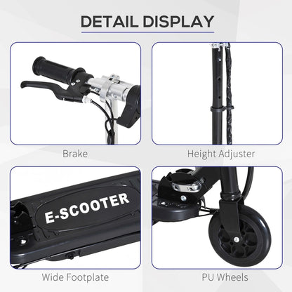 Close up details of the kids electric scooter including brake, height adjuster, footplate and wheels