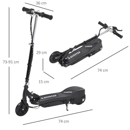 The black kids electric scooter shown in two positions, folded and unfolded, with dimensions