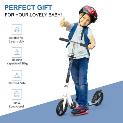 A happy boy wearing a helmet rides the blue and white kids kick scooter