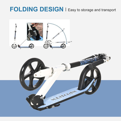 The folding kids kick scooter in blue and white is shown in its folded state