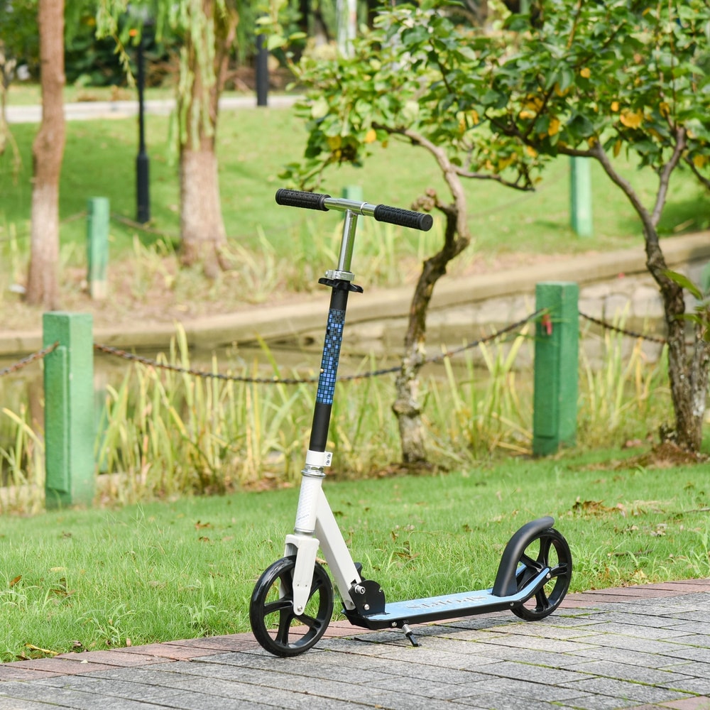 The kids kick scooter in blue and white is parked on a paved path in a park