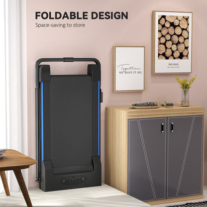 Foldable design text on a blue folding treadmill