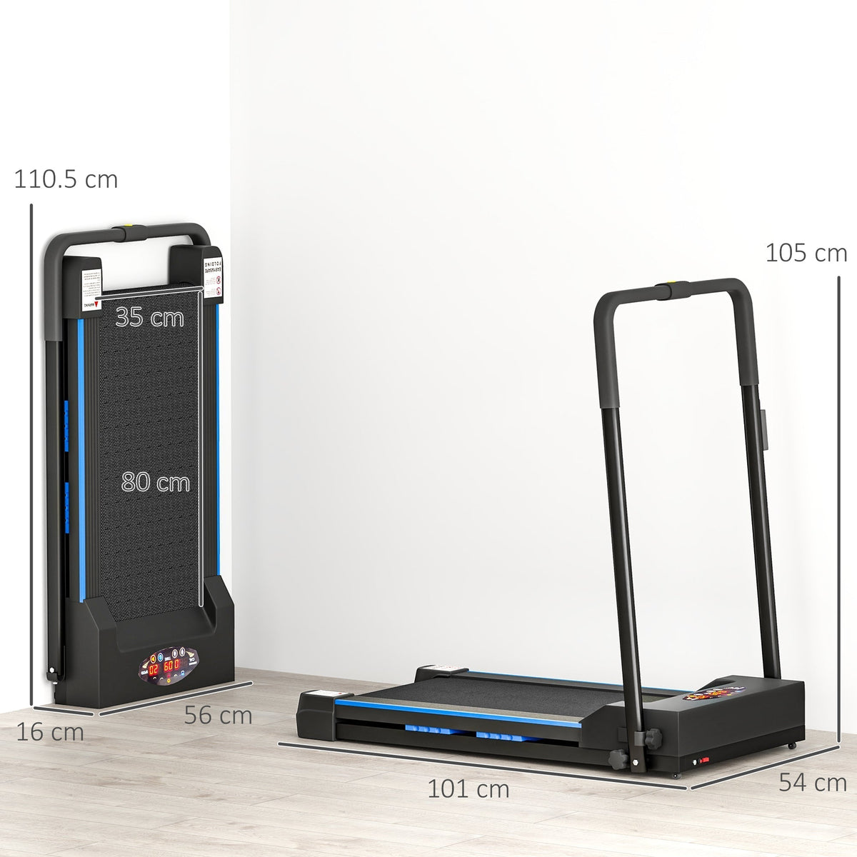 Blue folding treadmill shown unfolded and folded with dimensions
