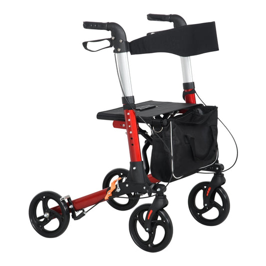 HOMCOM Folding Rollator Walker with Seat and Backrest in red with a black storage bag and four wheels