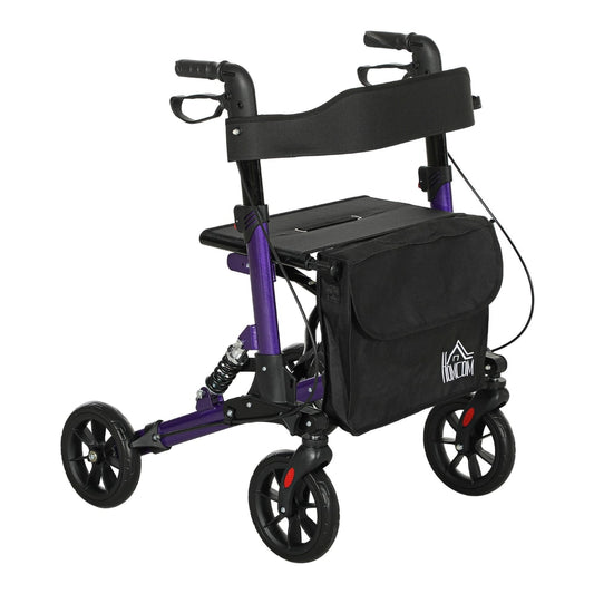 HOMCOM Folding Rollator Walker with Seat in purple with a black storage bag and suspension system