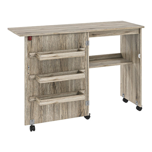 HOMCOM Folding Sewing Table shown with drop leaf extended and storage bins open