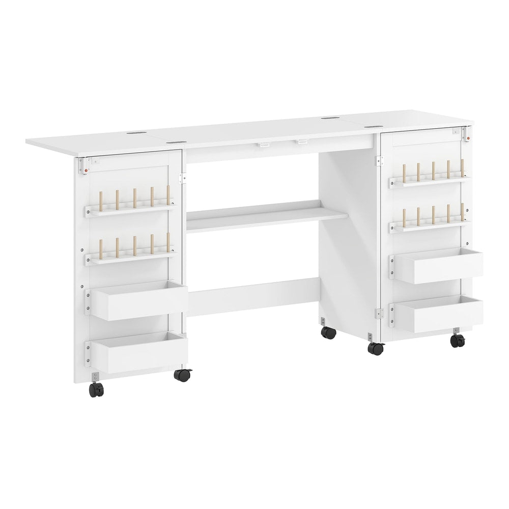 HOMCOM Folding Sewing Table with 2 Magnetic Doors in white with open side storage shelves