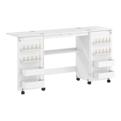 HOMCOM Folding Sewing Table with 2 Magnetic Doors in white with open side storage shelves