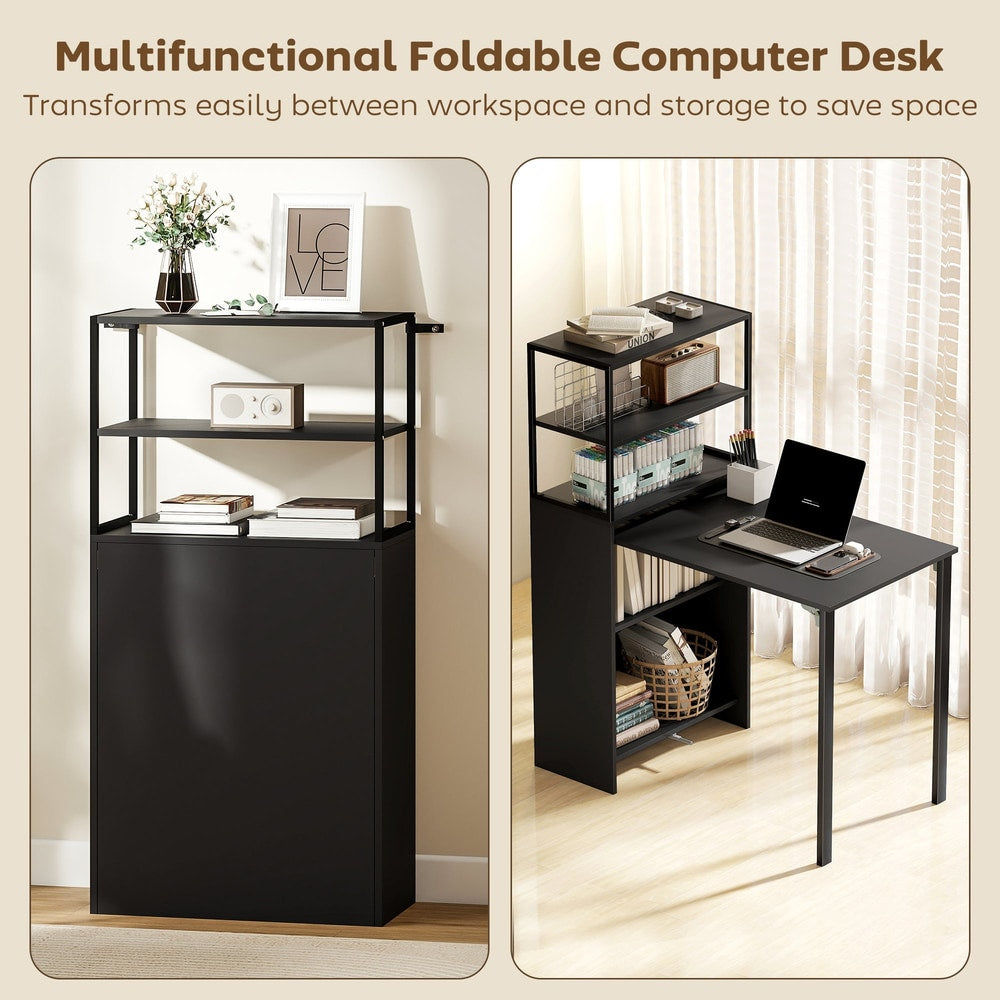 The black folding shelf and work table is shown in both folded and unfolded states