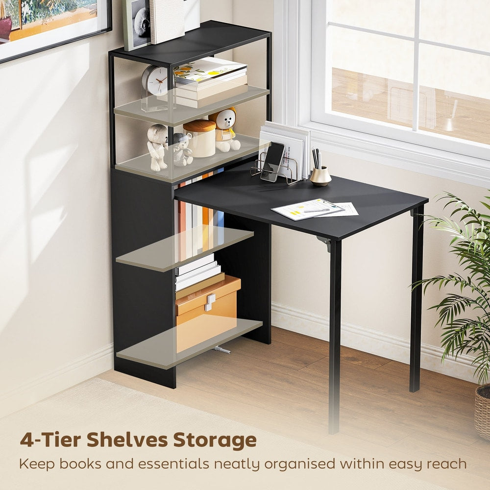 The black folding shelf and work table features four tiers of shelving for storage