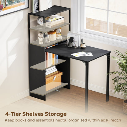 The black folding shelf and work table features four tiers of shelving for storage