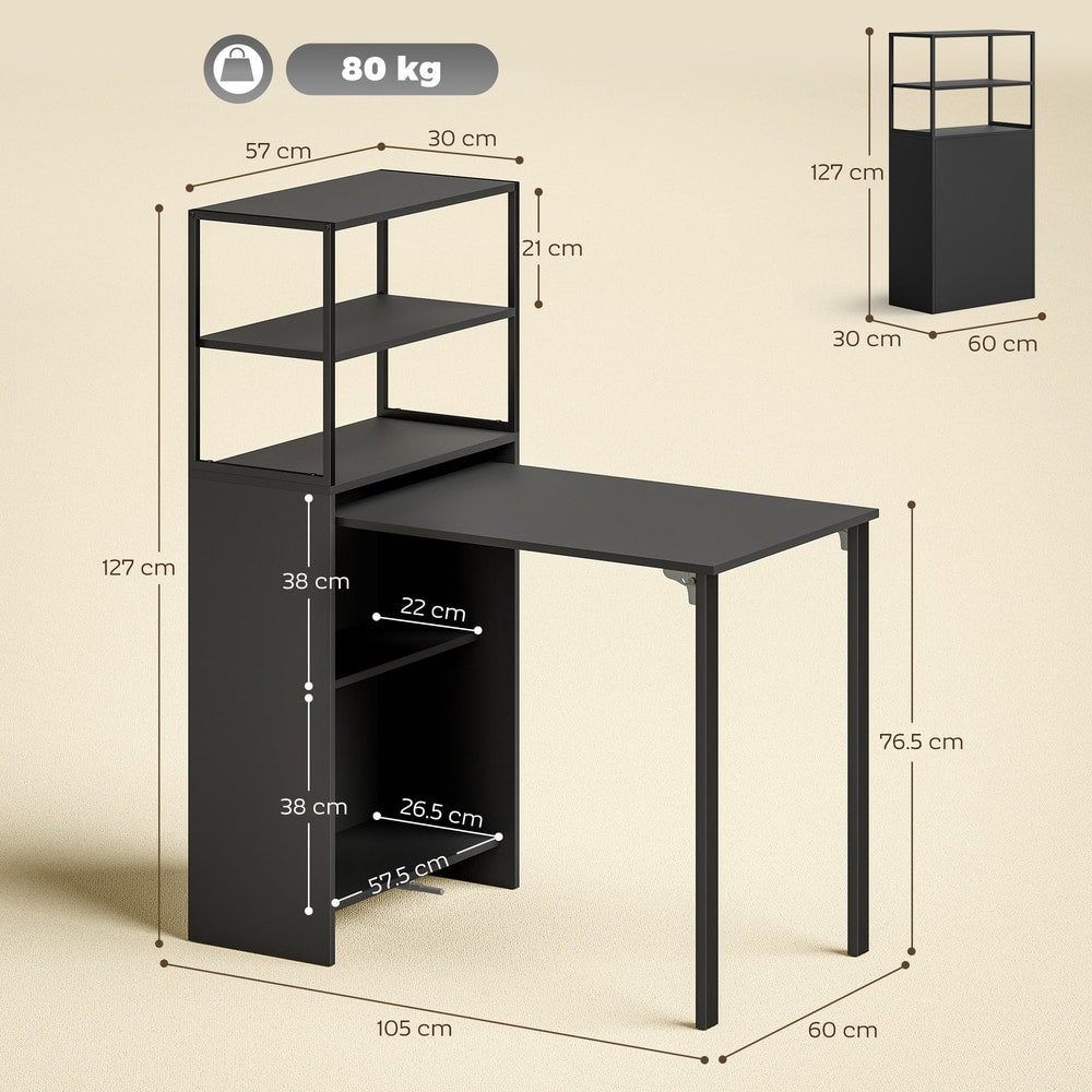 A size diagram of the black folding shelf and work table with dimensions shown