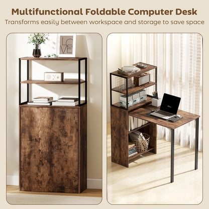The folding shelf and work table shown folded and unfolded