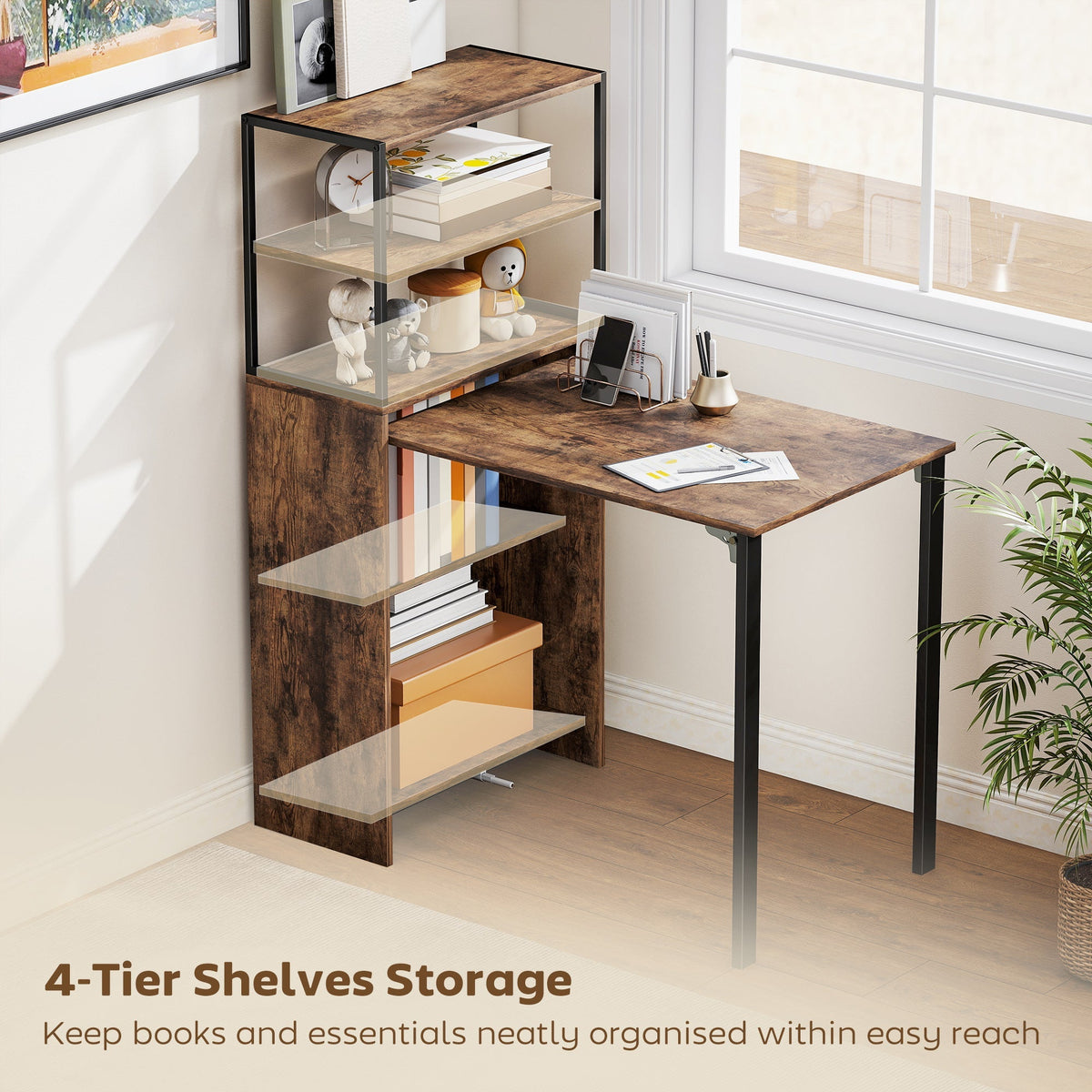 The folding shelf and work table with four tiers of shelves for storage