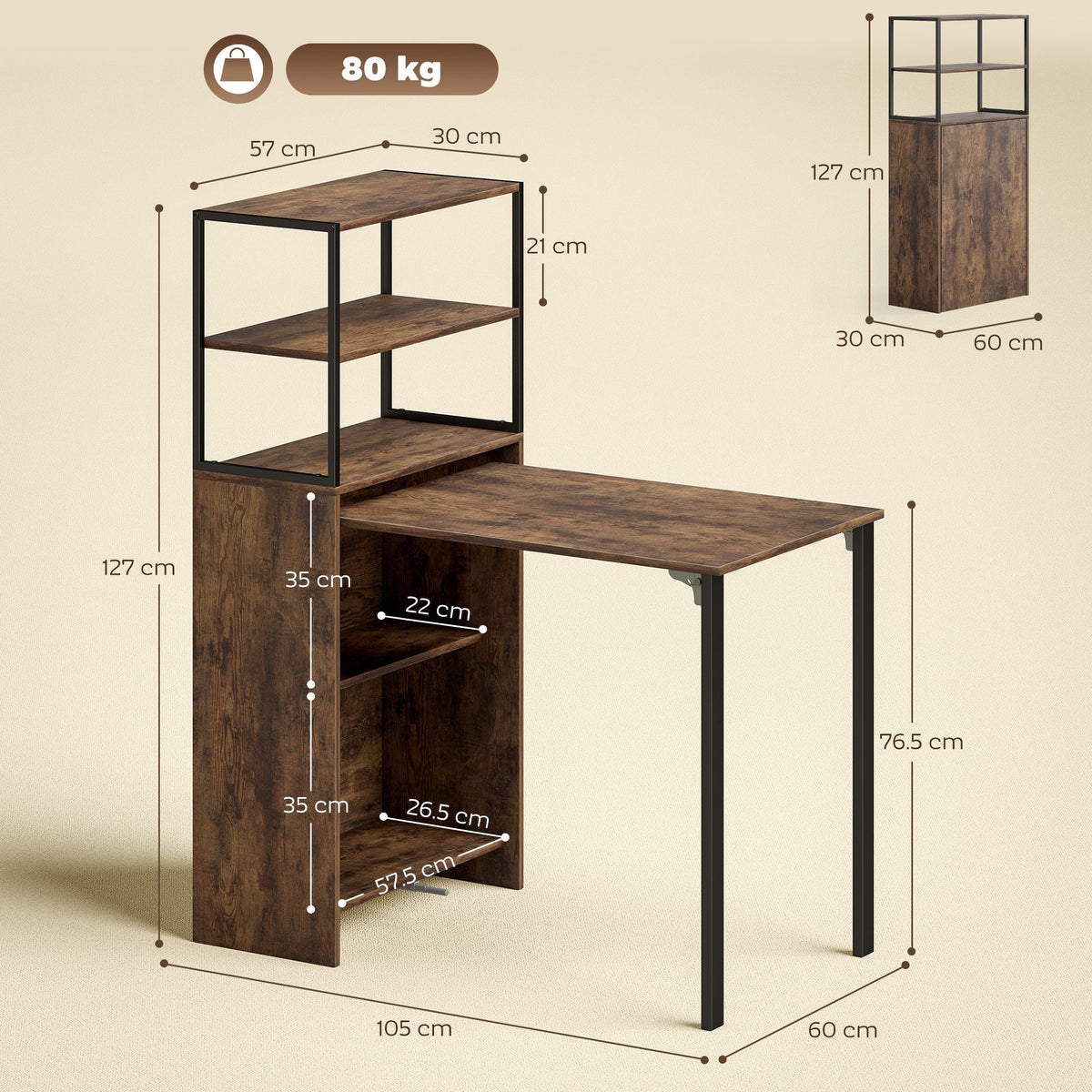 The folding shelf and work table with dimensions shown