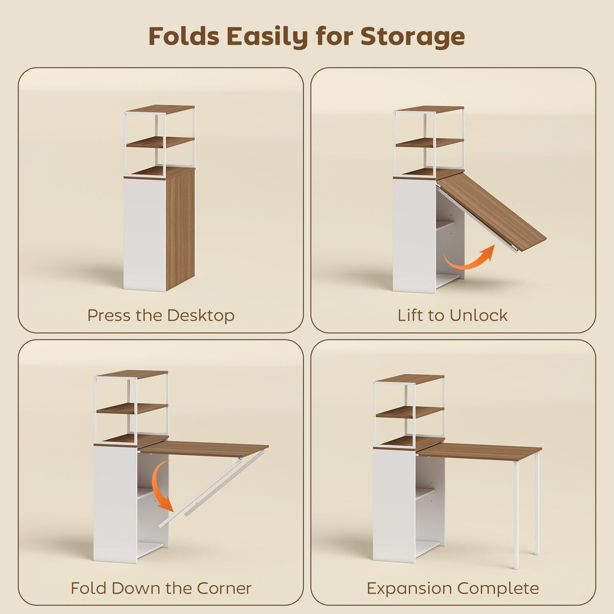 The folding shelf and work table demonstrating how to fold and unfold it