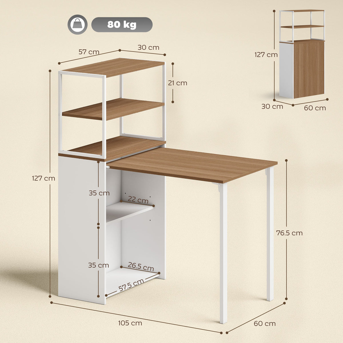 The folding shelf and work table with dimensions and weight capacity shown