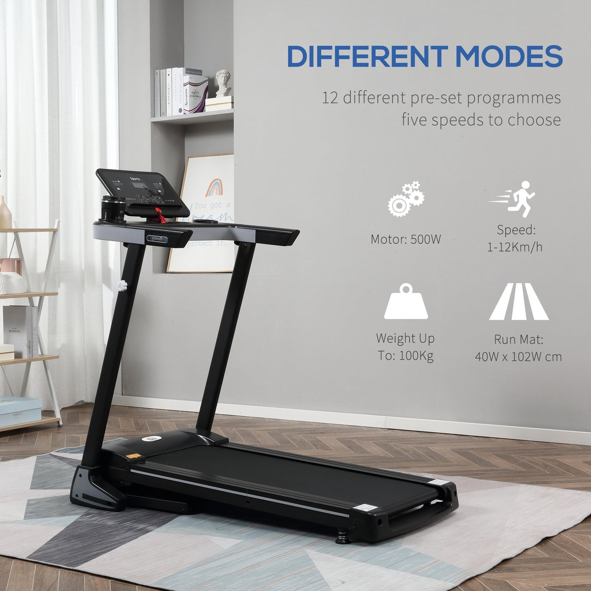 The black motorised treadmill with text detailing its features and modes