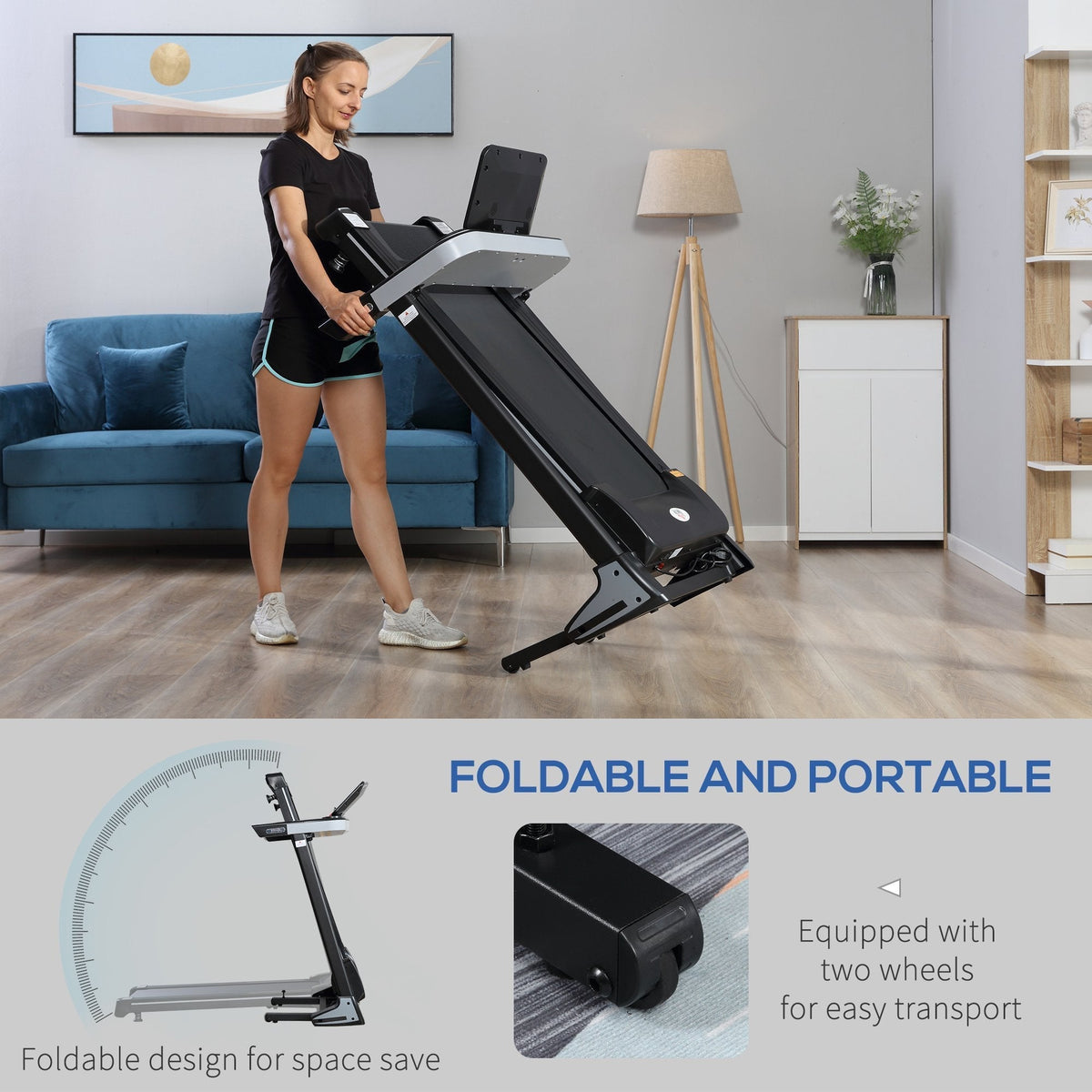 A woman folding the black treadmill, showing its portability