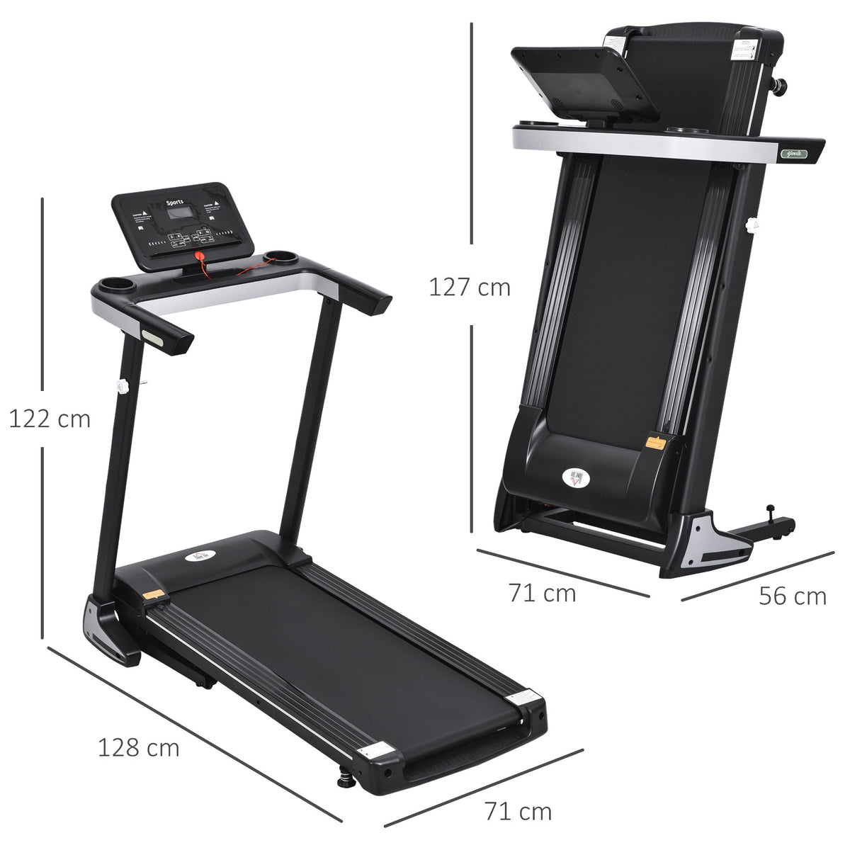 Dimensions of the black folding treadmill shown in two positions