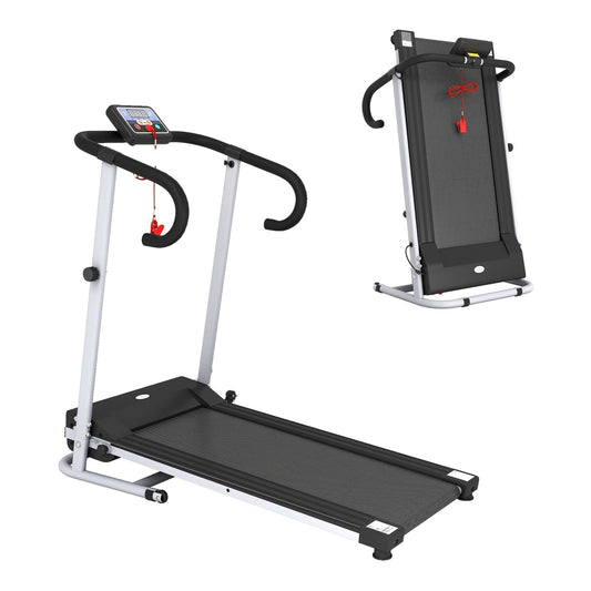 HOMCOM Folding Treadmill with Incline, a grey walking pad treadmill with a digital display and safety clip