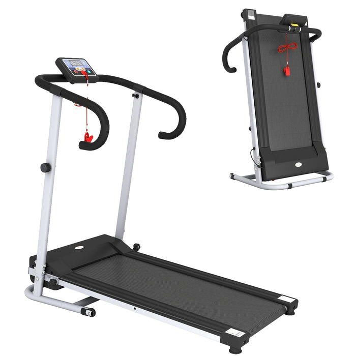 HOMCOM Folding Treadmill with Incline, a grey walking pad treadmill with a digital display and safety clip