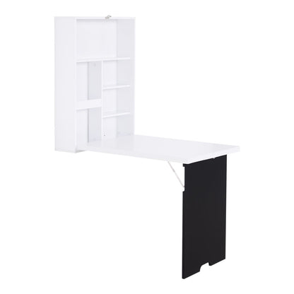 HOMCOM Folding Wall-Mounted Drop-Leaf Table with white shelves and a black support leg