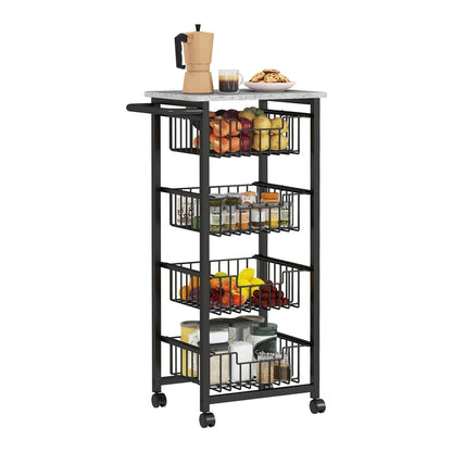 HOMCOM Four Basket Mobile Kitchen Island with a grey marble effect top and black metal frame