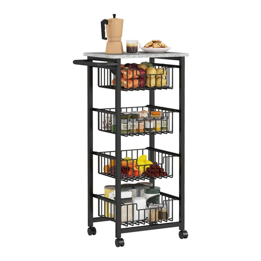 HOMCOM Four Basket Mobile Kitchen Island with a grey marble effect top and black metal frame