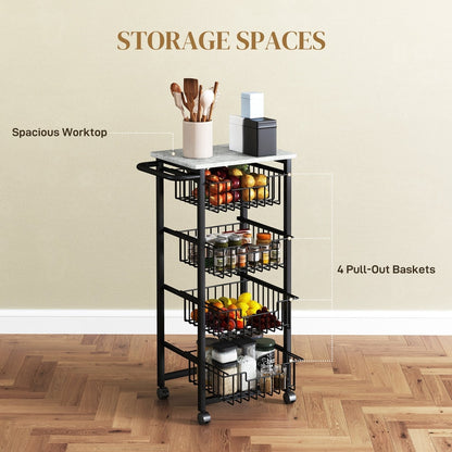 The kitchen storage unit has a worktop and four pull-out baskets for storage