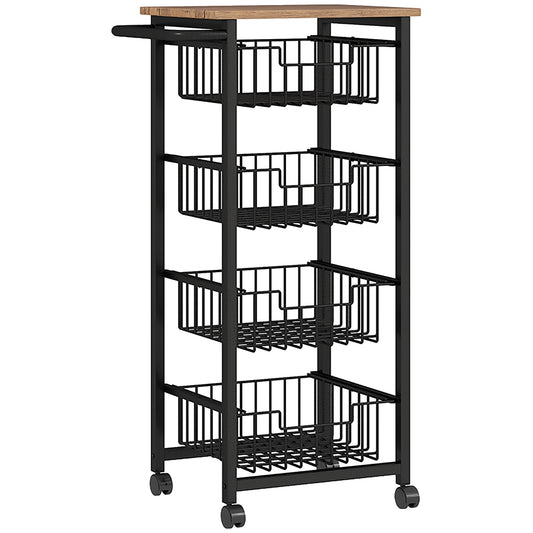 HOMCOM Four Basket Mobile Kitchen Island with wooden top and four black wire baskets on wheels
