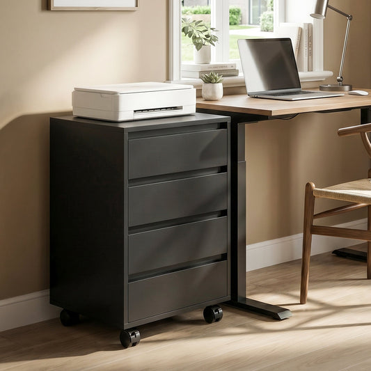 The office storage cabinet in a home office setting next to a desk with a printer on top