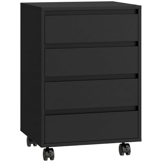 HOMCOM Four-Drawer Office Filing Cabinet in black, shown from the front with wheels
