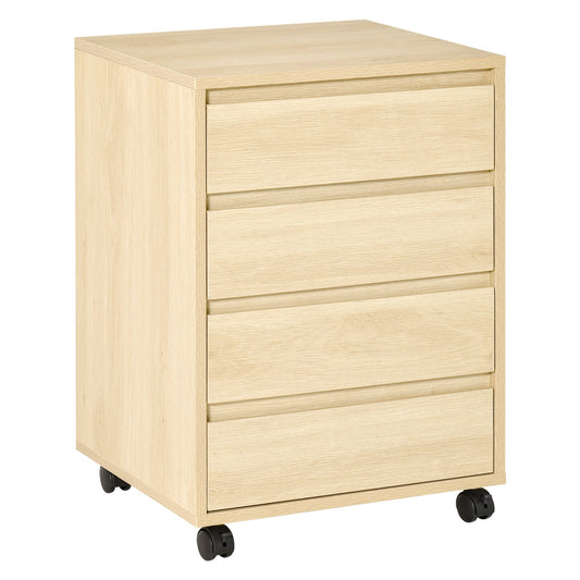 HOMCOM Four-Drawer Office Filing Cabinet in natural wood finish with black castor wheels