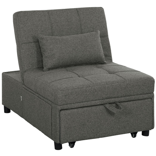 HOMCOM Four-In-One Single Sleeper Chair in dark grey fabric, shown as a compact chair with a storage drawer