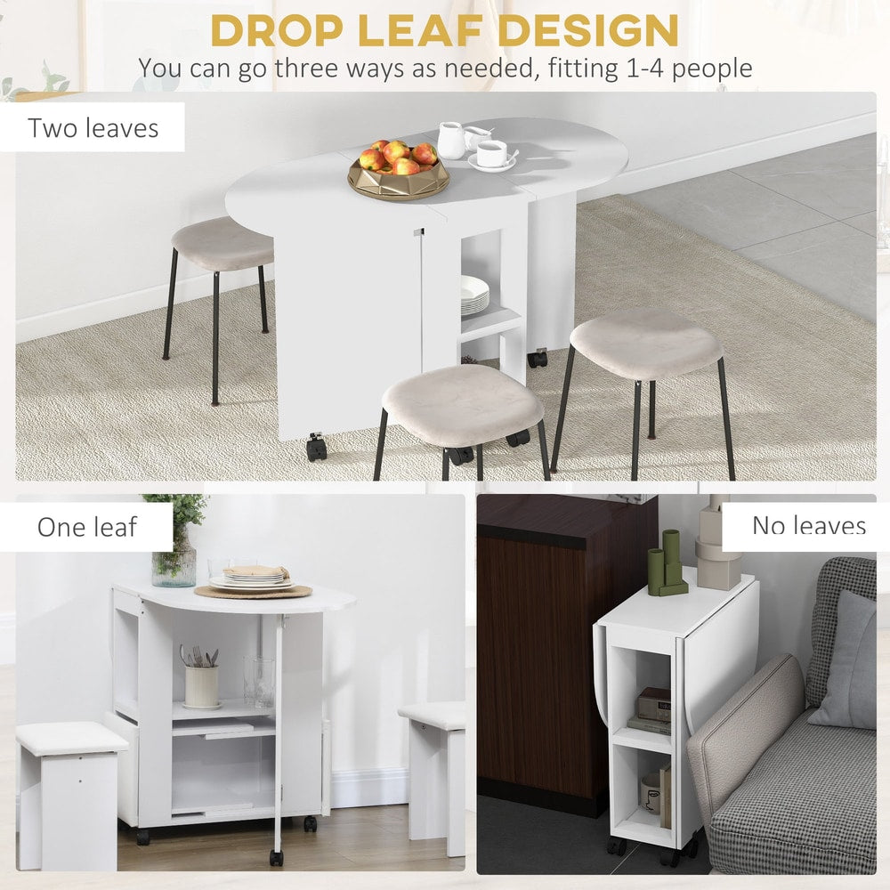 The white drop leaf dining table shown in three configurations: two leaves up, one leaf up, and no leaves up