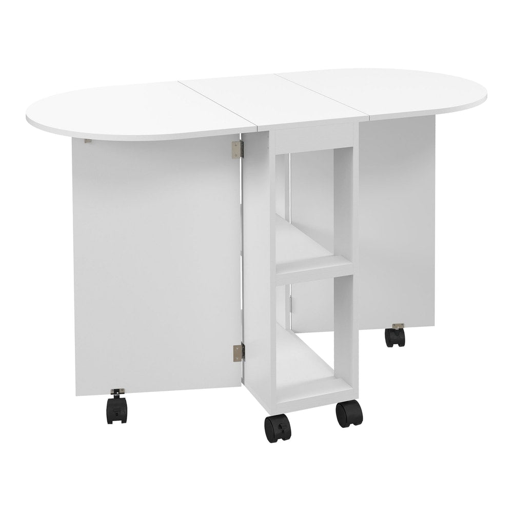 HOMCOM Four-Person Drop Leaf Dining Table, a white oval table with two drop leaves and wheels
