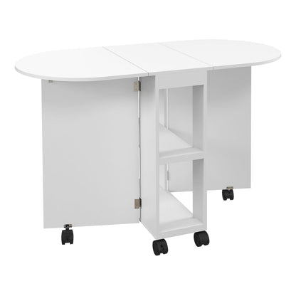 HOMCOM Four-Person Drop Leaf Dining Table, a white oval table with two drop leaves and wheels