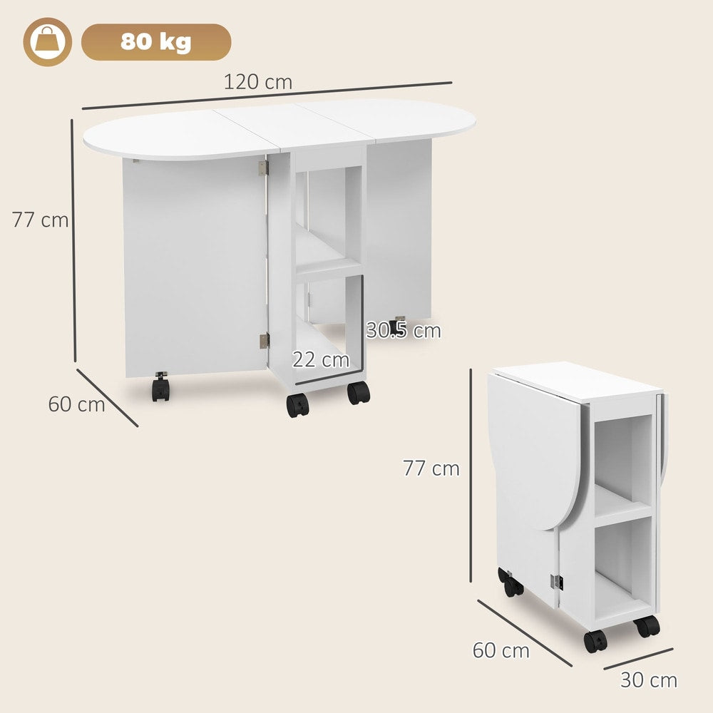 The white drop leaf dining table with dimensions shown, and folded dimensions shown
