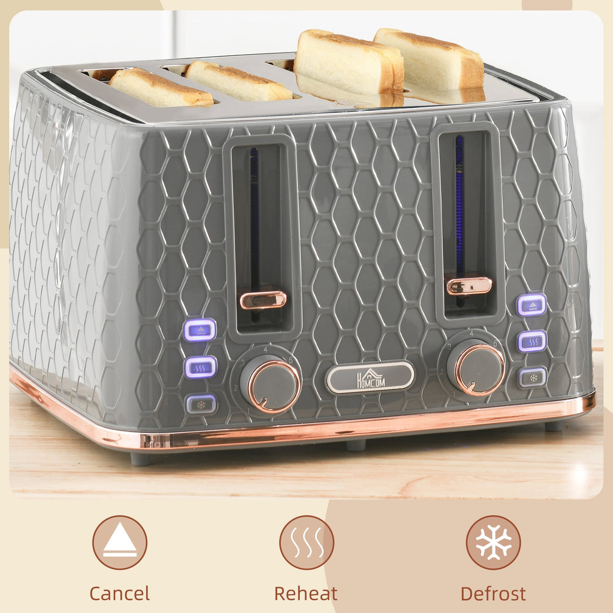 Close up of the grey four-slice toaster controls showing cancel, reheat and defrost functions
