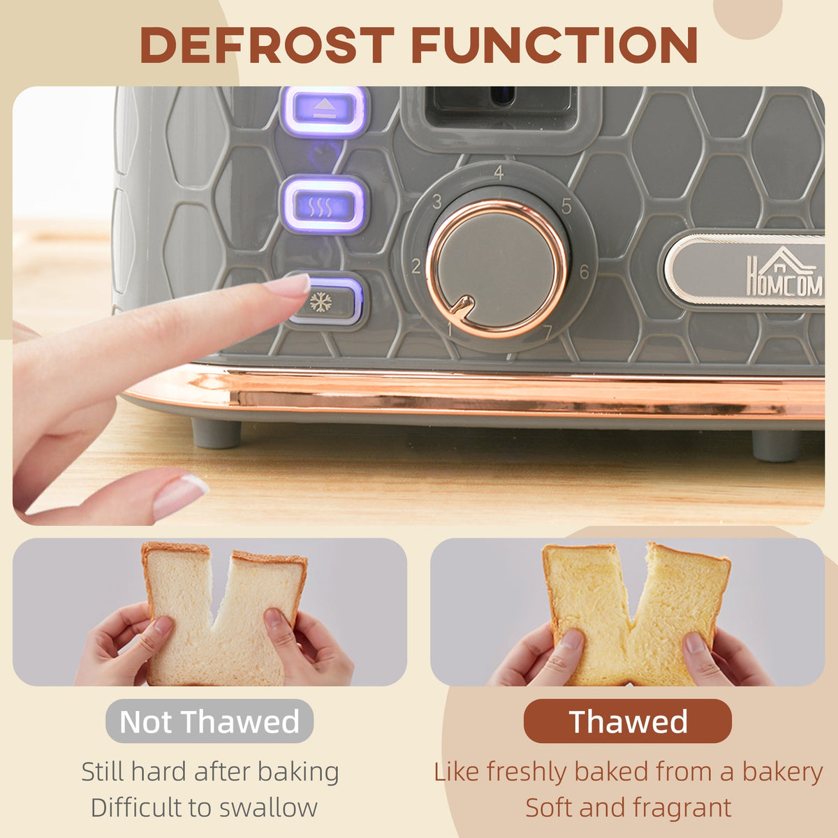 Close up of the defrost function on the grey four-slice toaster with bread examples