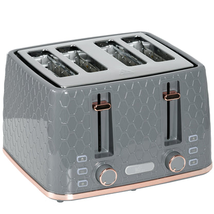 HOMCOM Four-Slice Honeycomb Toaster in grey with a honeycomb texture and rose gold accents