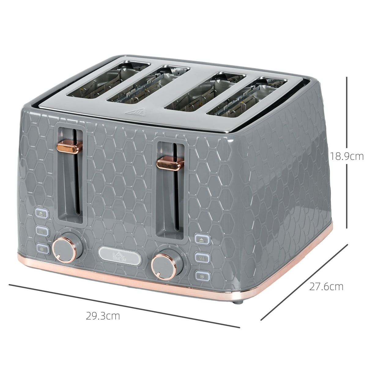 Grey four-slice toaster with dimensions shown in a diagram